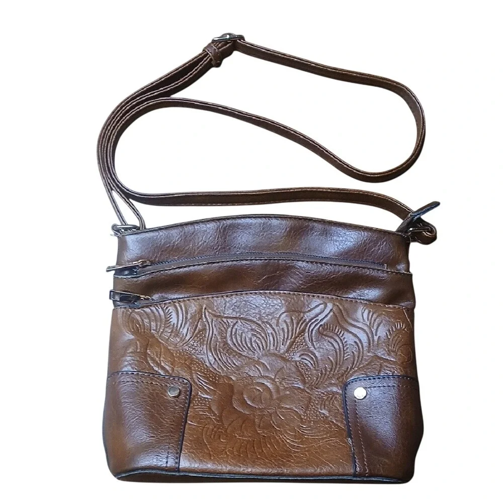 Crossbody‎ Bag Women Small Brown Floral Embossed Faux Leather Western
